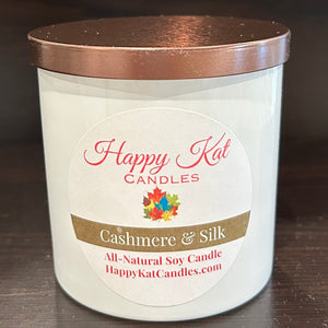 All-Natural Soy Candle- Cashmere & Silk 8oz. White Tumbler - Happy Kat Candles & Gifts