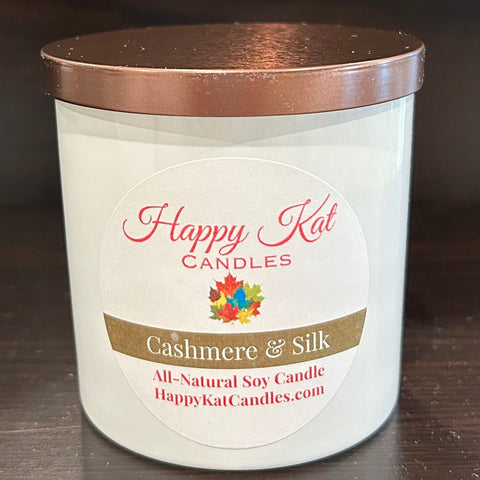 All-Natural Soy Candle- Cashmere & Silk 8oz. White Tumbler - Happy Kat Candles & Gifts
