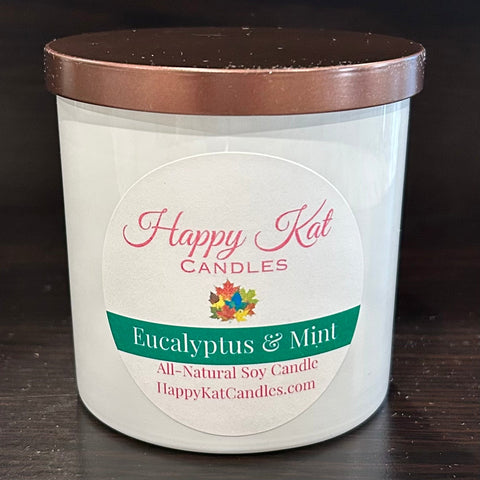 All-Natural Soy Candle- Eucalyptus & Mint 8oz. White Tumbler - Happy Kat Candles & Gifts