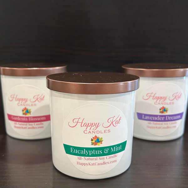 All-Natural Soy Candle- Eucalyptus & Mint 8oz. White Tumbler - Happy Kat Candles & Gifts