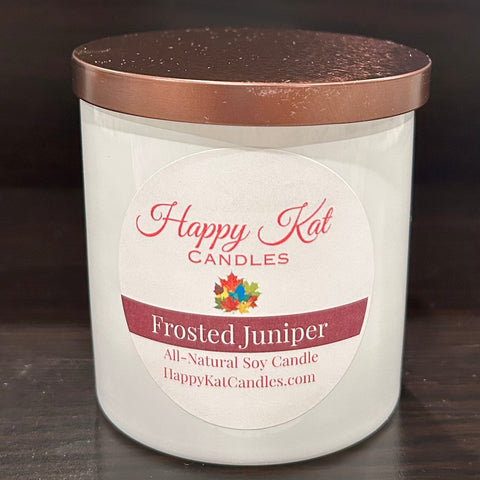 All-Natural Soy Candle- Frosted Juniper 8oz. White Tumbler - Happy Kat Candles & Gifts