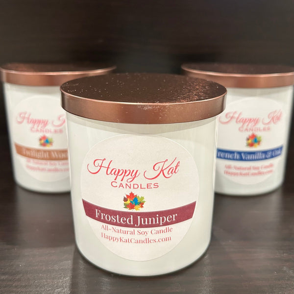 All-Natural Soy Candle- Frosted Juniper 8oz. White Tumbler - Happy Kat Candles & Gifts