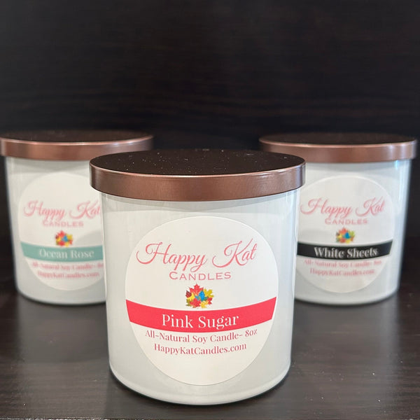 All-Natural Soy Candle- Pink Sugar 8oz. White Tumbler - Happy Kat Candles & Gifts