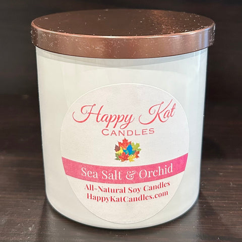 All-Natural Soy Candle- Sea Salt & Orchid 8oz. White Tumbler - Happy Kat Candles & Gifts
