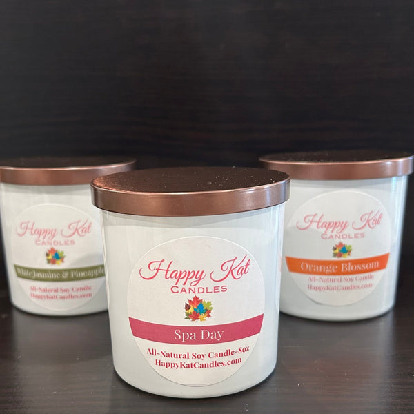 All-Natural Soy Candle- Spa Day 8oz. White Tumbler - Happy Kat Candles & Gifts