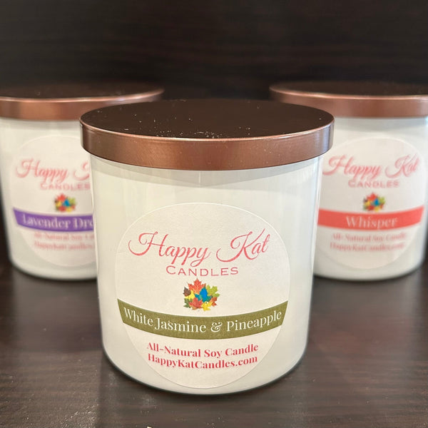 All-Natural Soy Candle- White Jasmine & Pineapple 8oz. White Tumbler - Happy Kat Candles & Gifts