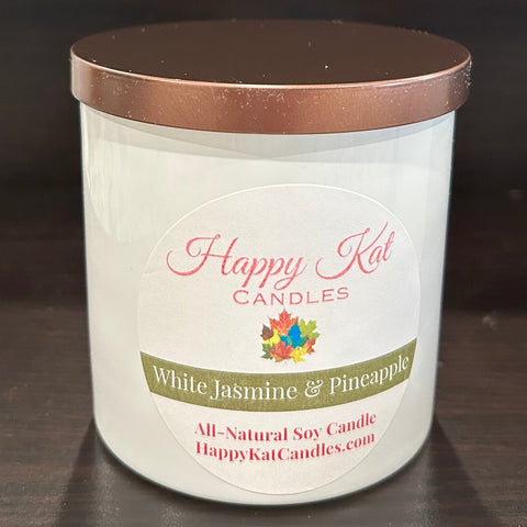 All-Natural Soy Candle- White Jasmine & Pineapple 8oz. White Tumbler - Happy Kat Candles & Gifts