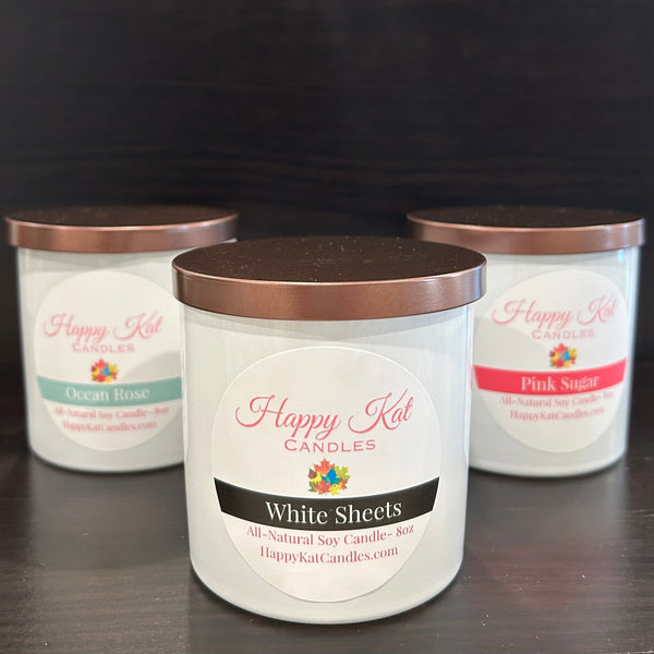 All-Natural Soy Candle- White Sheets 8oz. White Tumbler - Happy Kat Candles & Gifts