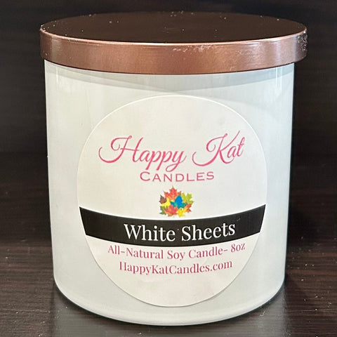 All-Natural Soy Candle- White Sheets 8oz. White Tumbler - Happy Kat Candles & Gifts