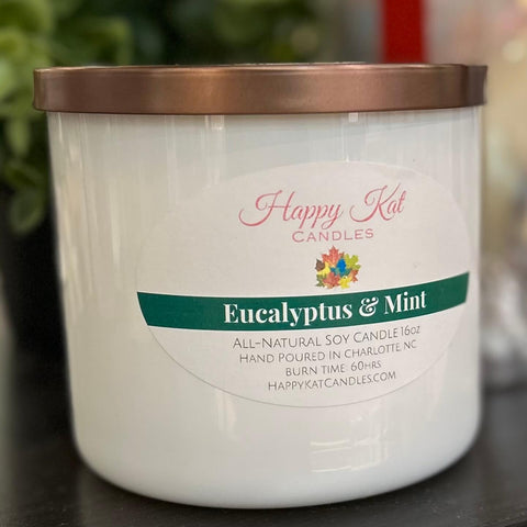 All-Natural Soy Double Wick Candle-Eucalyptus & Mint 16oz. - Happy Kat Candles & Gifts