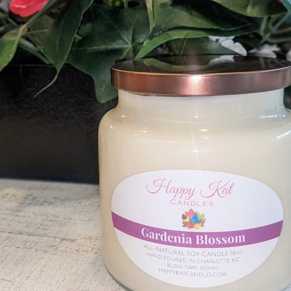 All-Natural Soy Double Wick Candle-Gardenia Blossom 16oz. - Happy Kat Candles & Gifts