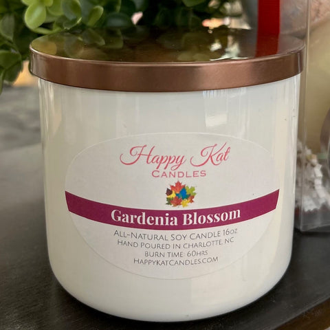 All-Natural Soy Double Wick Candle-Gardenia Blossom 16oz. - Happy Kat Candles & Gifts