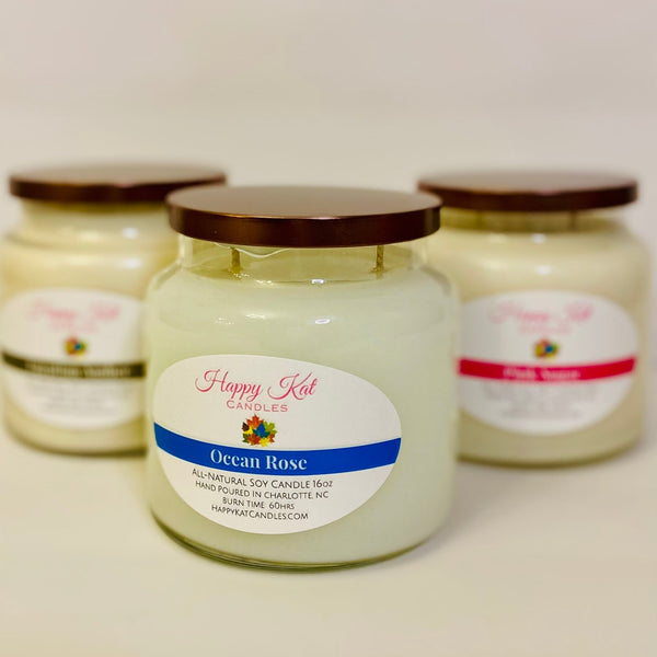All-Natural Soy Double Wick Candle-Ocean Rose 16oz. - Happy Kat Candles & Gifts
