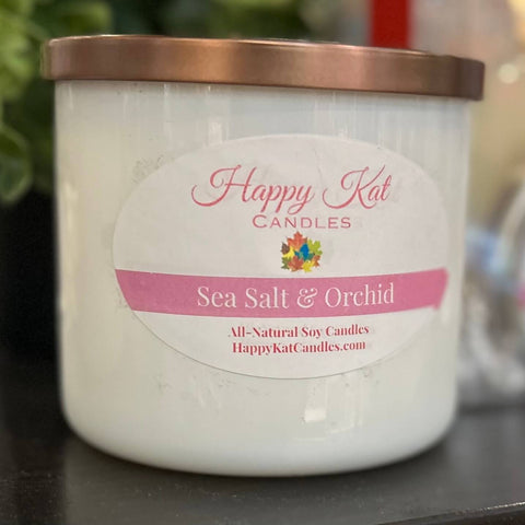 All-Natural Soy Double Wick Candle-Sea Salt & Orchid 16oz. - Happy Kat Candles & Gifts
