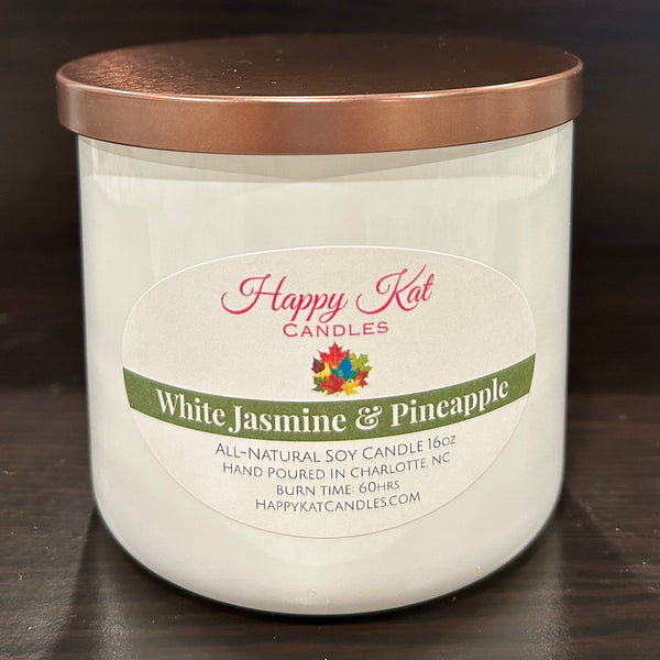 All-Natural Soy Double Wick Candle- White Jasmine & Pineapple 16oz. - Happy Kat Candles & Gifts