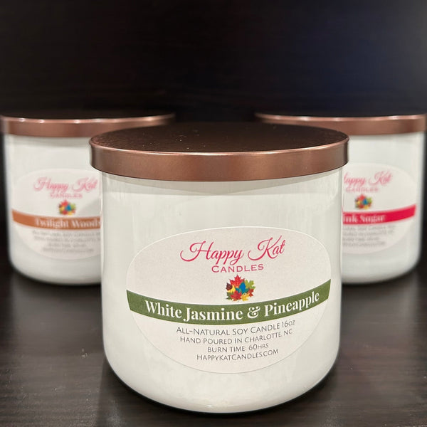 All-Natural Soy Double Wick Candle- White Jasmine & Pineapple 16oz. - Happy Kat Candles & Gifts