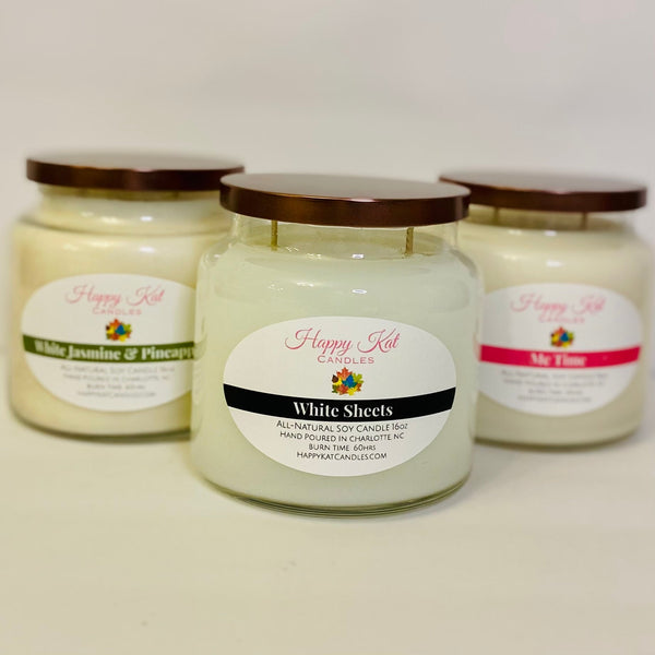 All-Natural Soy Double Wick Candle- White Sheets 16oz. - Happy Kat Candles & Gifts